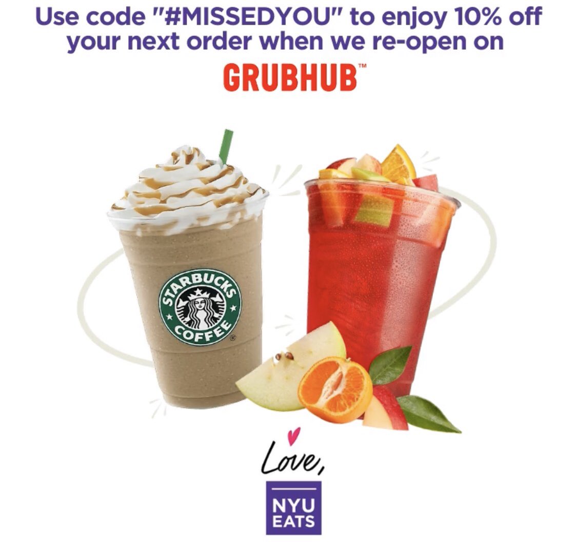 nyu_eats's tweet photo. Hey #NYU! We heard youβre missing your daily fill at #NYUEats coffee spots... We miss you, too & want to give you something sweet!
When we reopen - Use code β#MISSEDYOUβ to get 10% off your next order at #Peets, #Starbucks, #Argo, and #Dunkin on @GrubHub.
Love, #NYUEats https://t.co/awAxeXPIUf