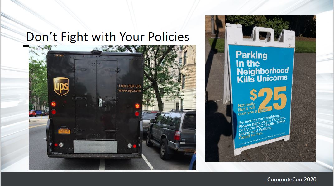 Important caveat: evidence-based timing nudges can help amp up the ROI of a TDM program, but not if your policies and pricing are at odds with your goals. TL;DR: don't waste your time on nudges if your parking is free!  #CommuteCon2020 9/n