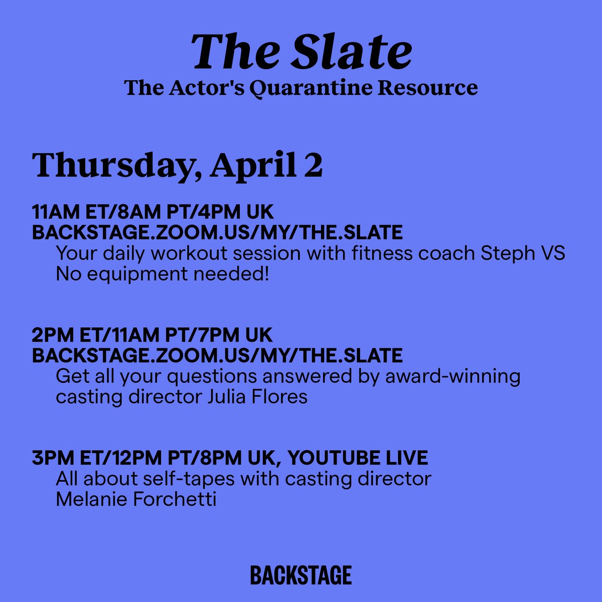 Here’s what’s on The Slate for tomorrow. We hope to see you there, actors! 🎬

Full schedule: bit.ly/3dhokrT