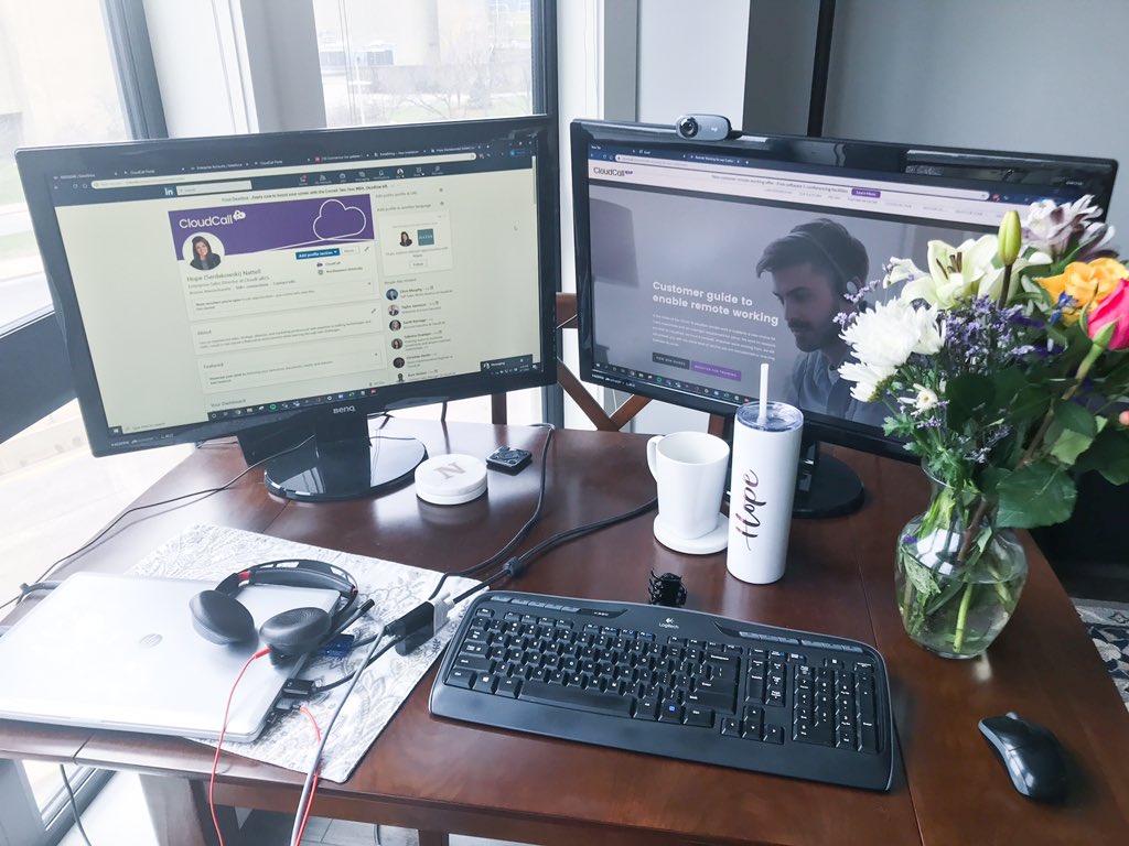 HopeNattell's tweet photo. During this crazy time we all need to work together to stay happy and motivated when working in a new environment. Lucky to have @CloudCall as both a product and a team through this transition. As a plus my new coworker brightened up my #WFH setup today with some flowers! https://t.co/NnomIApy2b