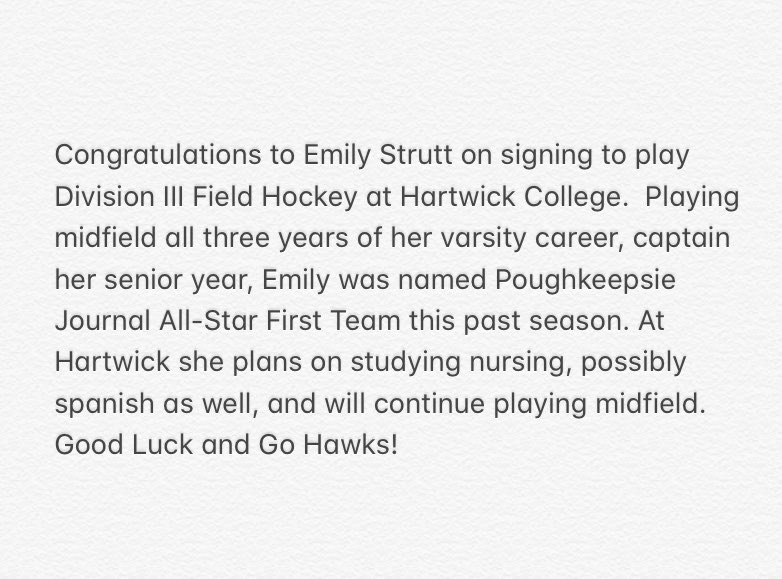 Congratulations to Emily Strutt on signing to Hartwick College to play Division III Field Hockey!🏑