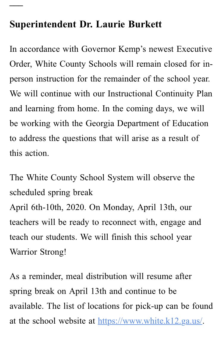 WCMS_warrior's tweet photo. PRESS RELEASE 🔘  APRIL 1, 2020 6:00 PM

White County School System https://t.co/O3A0W9kMkf