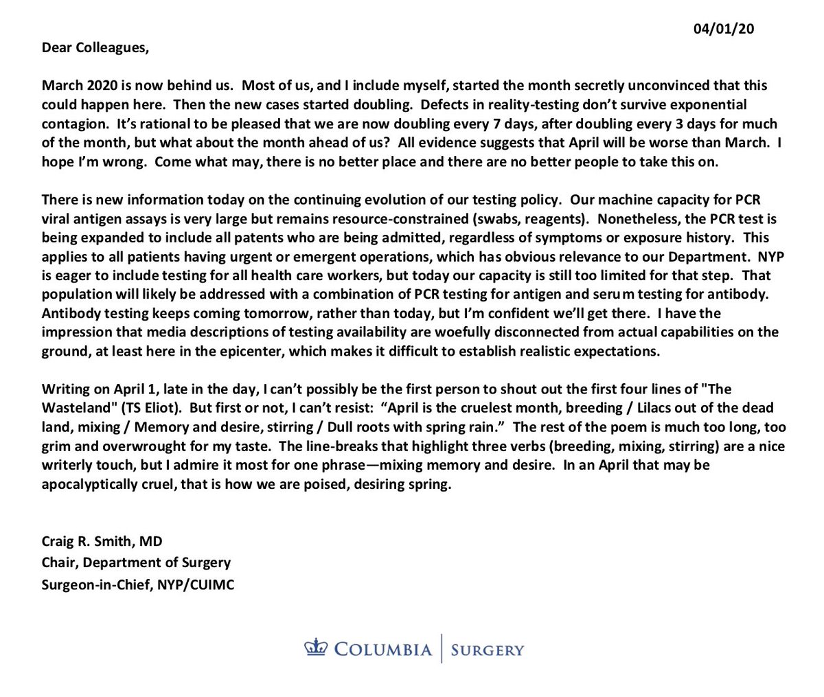 COVID-19 Update: Wednesday, 4/1/20First day of April and here’s the latest on the  #COVID19 crisis from Dr. Craig Smith:  https://columbiasurgery.org/news/covid-19-update-dr-smith-4120