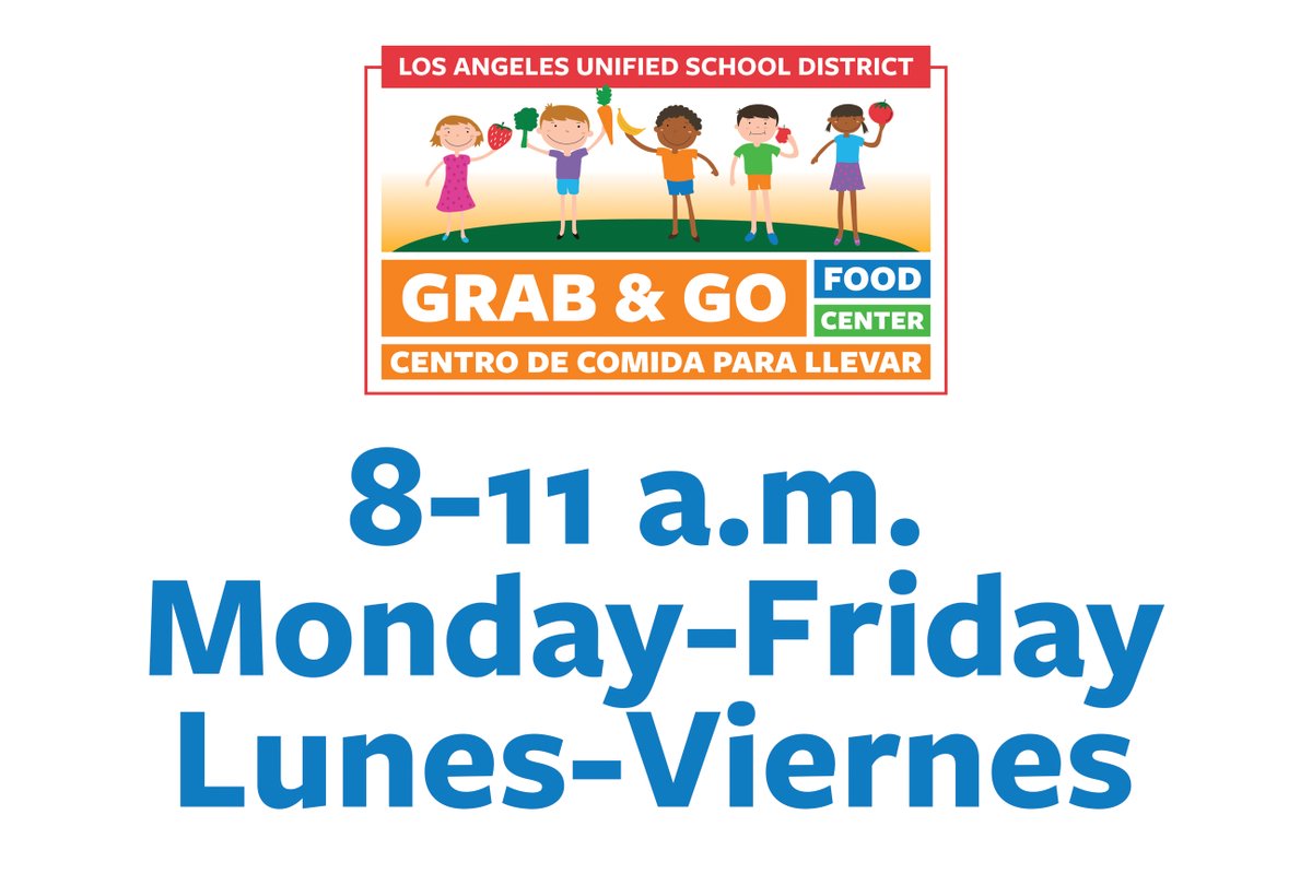 Beginning Monday, April 6, 2020, NEW Grab &amp; Go Food Center hours are 8 am to 11 am. A partir del lunes 6 de abril de 2020, el nuevo horario del Centro de Comida para llevar "Grab &amp; Go” es de 8 a 11 am.