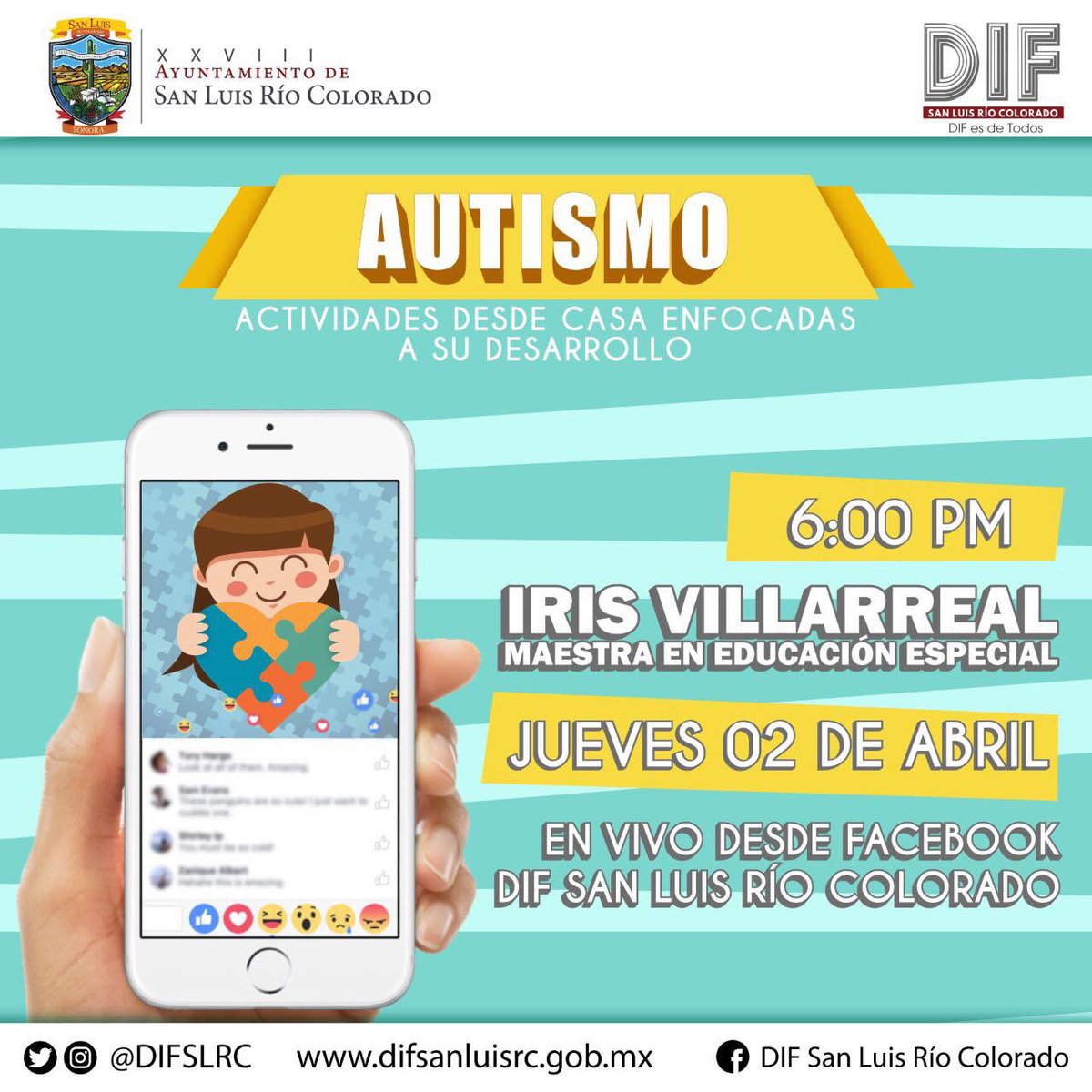 DIFSLRC's tweet photo. Muy contentos de compartirles que el día de mañana tenemos una cita en punto de las 6 de la tarde, en el marco del “Día Mundial de Concienciación sobre el Autismo” 
#DIFesdeTodos https://t.co/F4d5a4oNHE