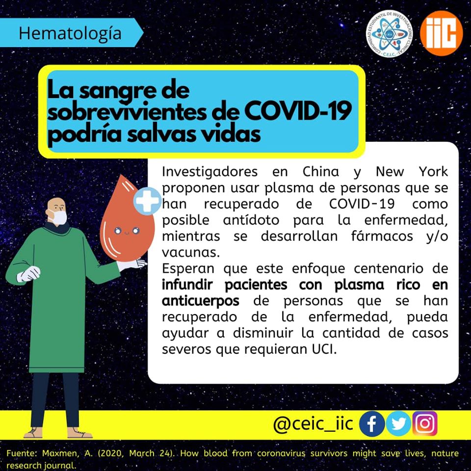 CEIC_IIC's tweet photo. Ambas terapias pueden ser potencialmente utilizadas como tratamiento para los casos de COVID-19 y prevención en personas en riesgo de contraerla. https://t.co/Gsv9KTEkCx