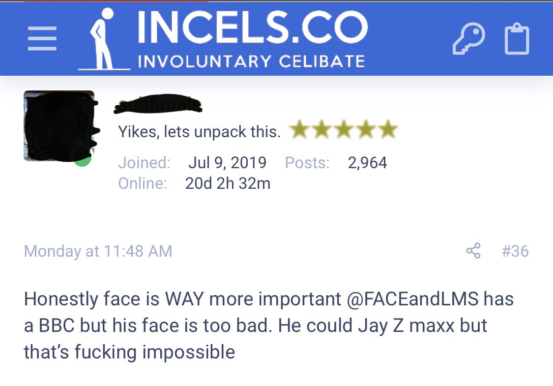 Response 16‘maxx’ is a term they use to mean focusing on a single trait and improving it as much as possible like upgrading a stat in a video game. So here this guy suggests “Jay Z maxx” like... become a famous musician to overcome an ugly face? #incelglossary