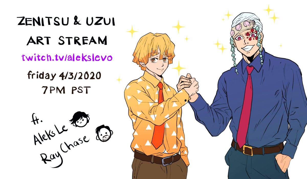 AleksLeVO's tweet photo. YO! @RayChase &amp; I will be doing a Demon Slayer 
(&amp; maybe JoJo) art stream this FRIDAY @ 7PM PST over on https://t.co/a7AVya5R88 ⬅️

Come see Zenitsu &amp; Tengen Uzui's voice actors draw with MAX FLAMBOYANCE! Jk it's probably gonna be a disaster... SO BE THERE YOU PUNK 💥👊😡✨ https://t.co/bLQ4RBQChe