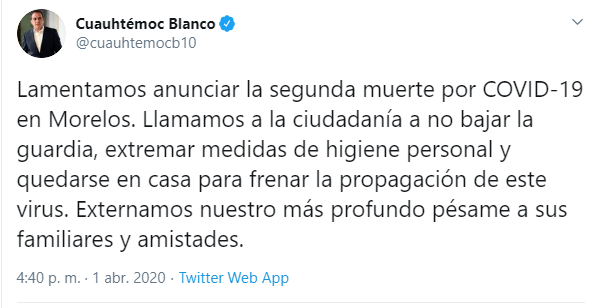 DiariodeMorelos's tweet image. LAMENTA GOBERNADOR DE MORELOS SEGUNDO DECESO POR #COVID19

El Gobernador Cuauhtémoc Blanco lamentó el segundo fallecimiento por #coronavirus y llamó a la población a guardar las indicaciones de quedarse en casa si no deben realizar alguna actividad esencial #Cuernavaca