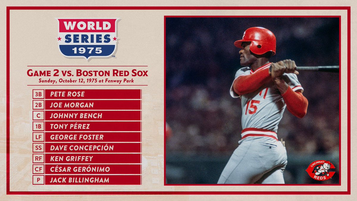 Reds's tweet photo. The #BigRedMachine looks to rebound and tie the 1975 World Series at a game apiece in Boston. Watch on FOX Sports Ohio at 7 p.m. ET!

#RedsReplay | @FOXSportsCincy https://t.co/OQCwJW4V9G