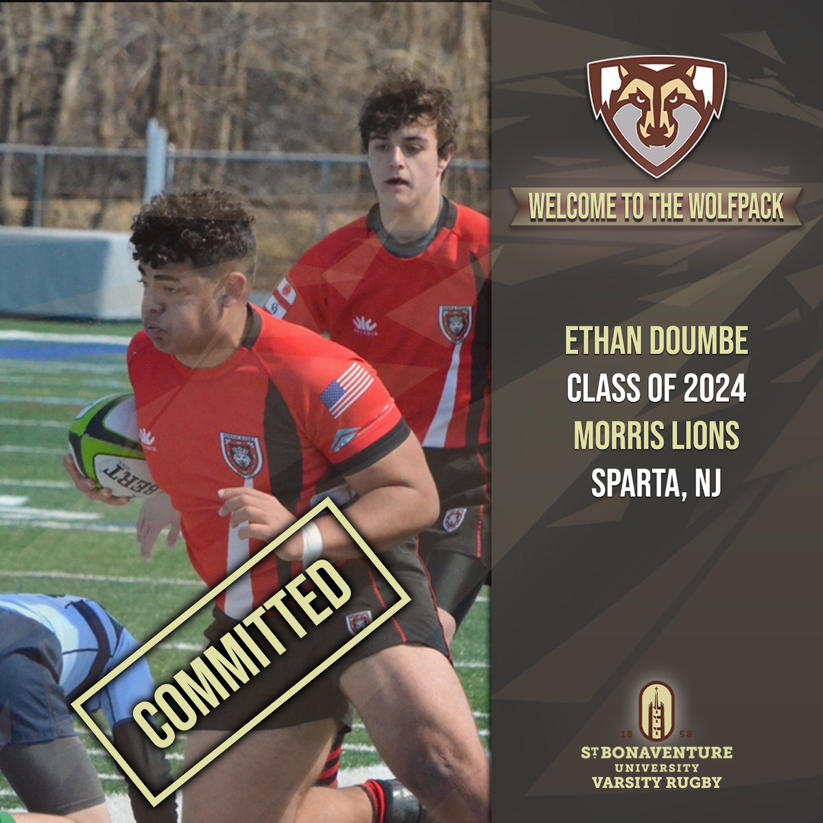 SBURugby's tweet photo. Join us in welcoming our newest commit @StBonaventure , Ethan Doumbe of @PopeJohnLions @MorrisRugby @RugbyNewJersey ..Welcome, Ethan!! #sburugby #rugbynj #popejohnlions #cometobonas #wolfpack #sbuclassof2024 https://t.co/zNeO8NSNNx