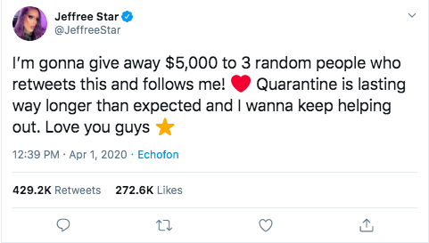 michaeljknowles's tweet photo. "Jeffree" is the top trend in America because he's offering to give away $5000 to three people who retweet him. He's currently at 429,200 retweets.

I will venmo $5 to the three people who get me to 429,201; 429,202; and 429,203. https://t.co/YsGuDeO49v