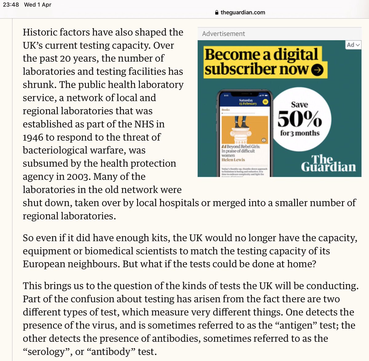 The more knowledgable journalists have picked up that historical factors have hampered expansion of testing as, over the last 29 years the number of labs and testing facilities have shrunk, with many labs shut down others merged reducing skilled personnel and equipment