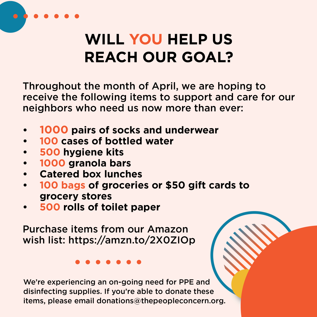 ThePplConcern's tweet photo. In our first-ever #CHALLENGEFORGOOD, we invite our incredible community to donate high-need items throughout the month of April to support and care for our neighbors who need us now more than ever.
Are YOU in?! Let us know you're in and tag your friends and family! https://t.co/4E2IwmNrCL