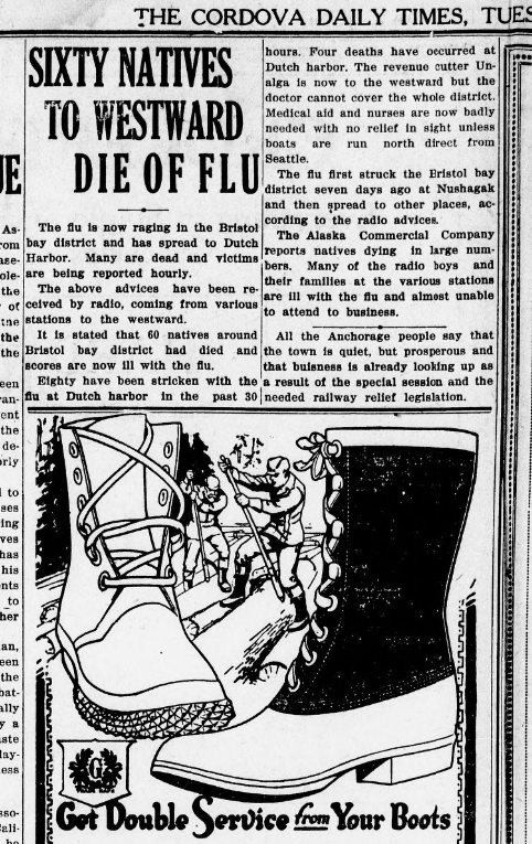  #akleg Earlier today  @dimond_chris posted a bunch of 1918 newspaper clippings. It was amazing to see how similar that experience was. Masks, quarantine, social distancing, business closures, fears for the economy, bored kids. Here's a ton more:  https://chroniclingamerica.loc.gov/search/pages/results/?state=Alaska&date1=1918&date2=1920&proxtext=flu&x=19&y=17&dateFilterType=yearRange&rows=20&searchType=basic