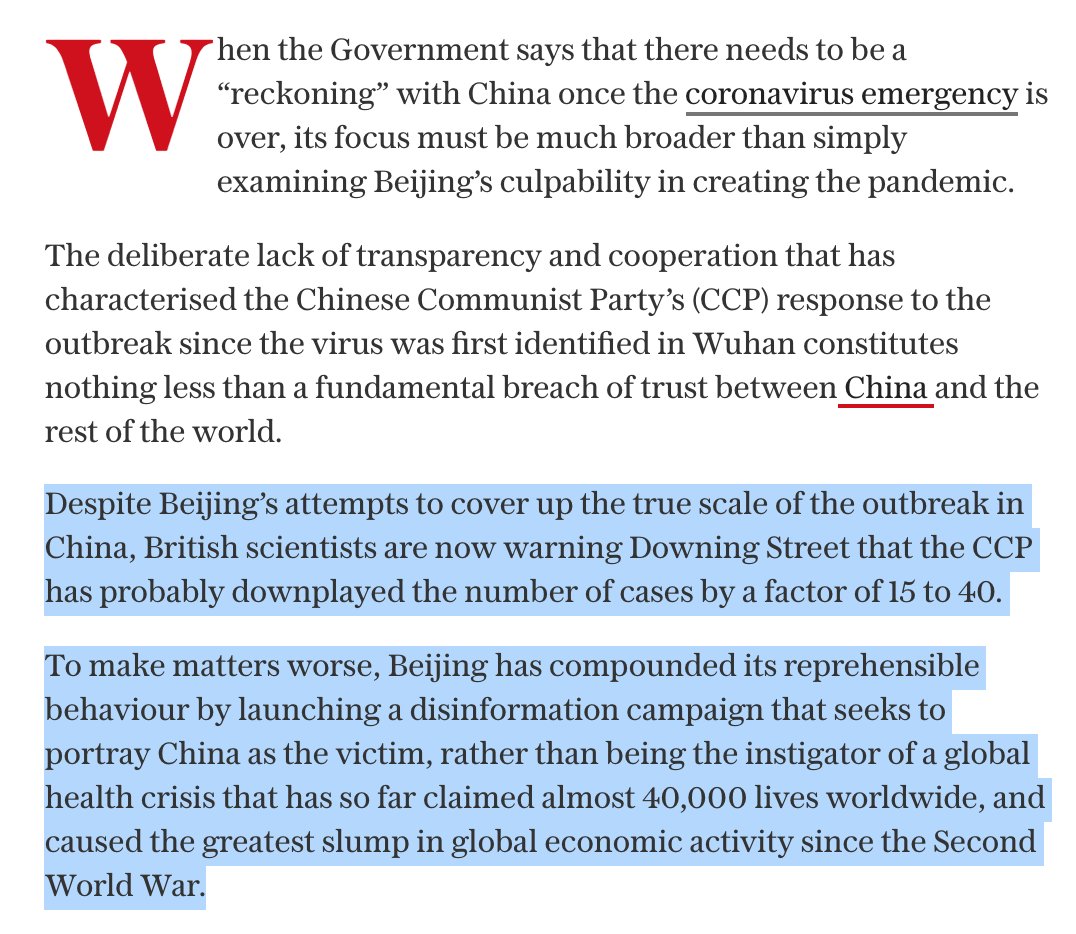 "Despite Beijing’s attempts to cover up the true scale of the outbreak in #China, British scientists are now warning Downing Street that the CCP has probably downplayed the number of cases by a factor of 15 to 40" -Con Coughlin <a href="/Telegraph/">The Telegraph</a> #coronavirus telegraph.co.uk/politics/2020/…