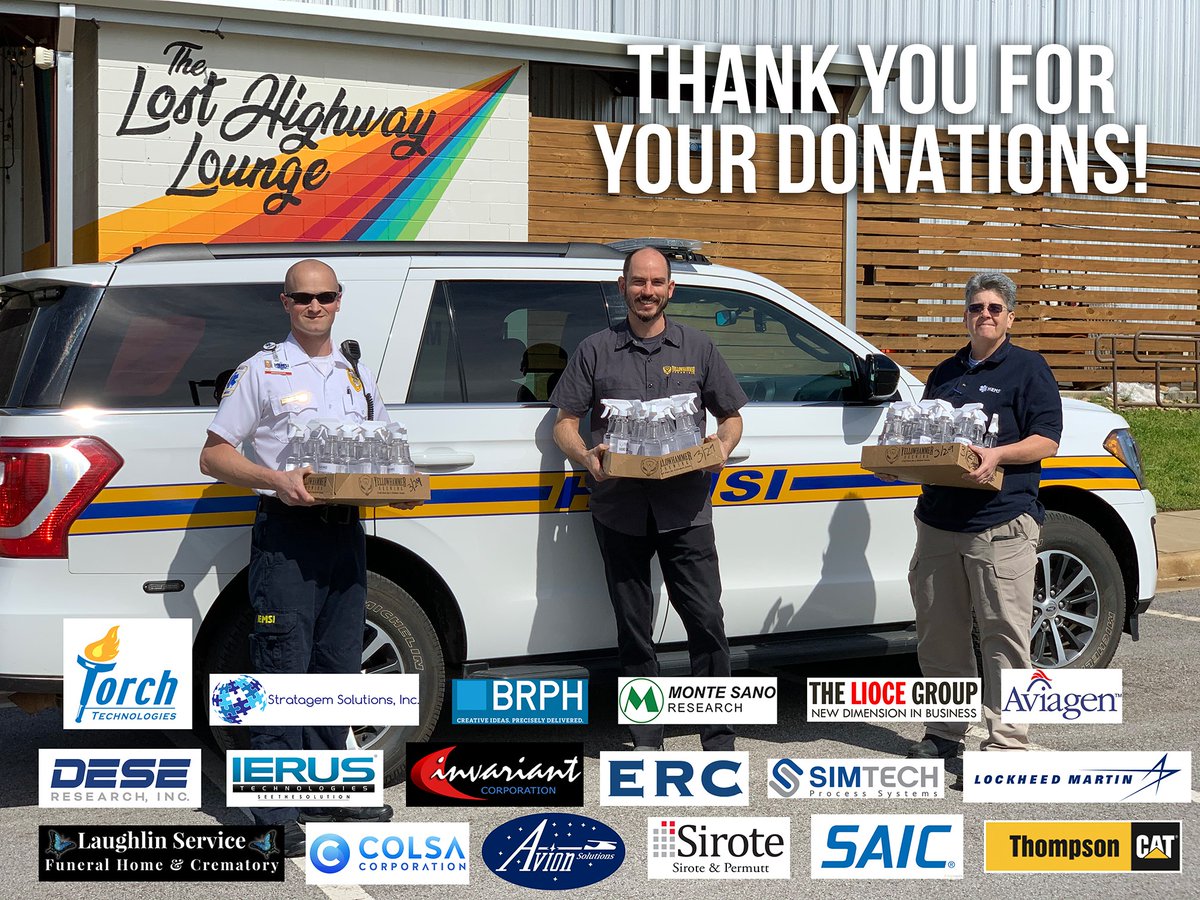 YellowhammerAle's tweet image. Today 50 small bottles of hand sanitizer were picked up by @HEMSI_HSV. Thanks to the donations from local  businesses listed here we'll be able to donate 1,000 bottles to healthcare works!