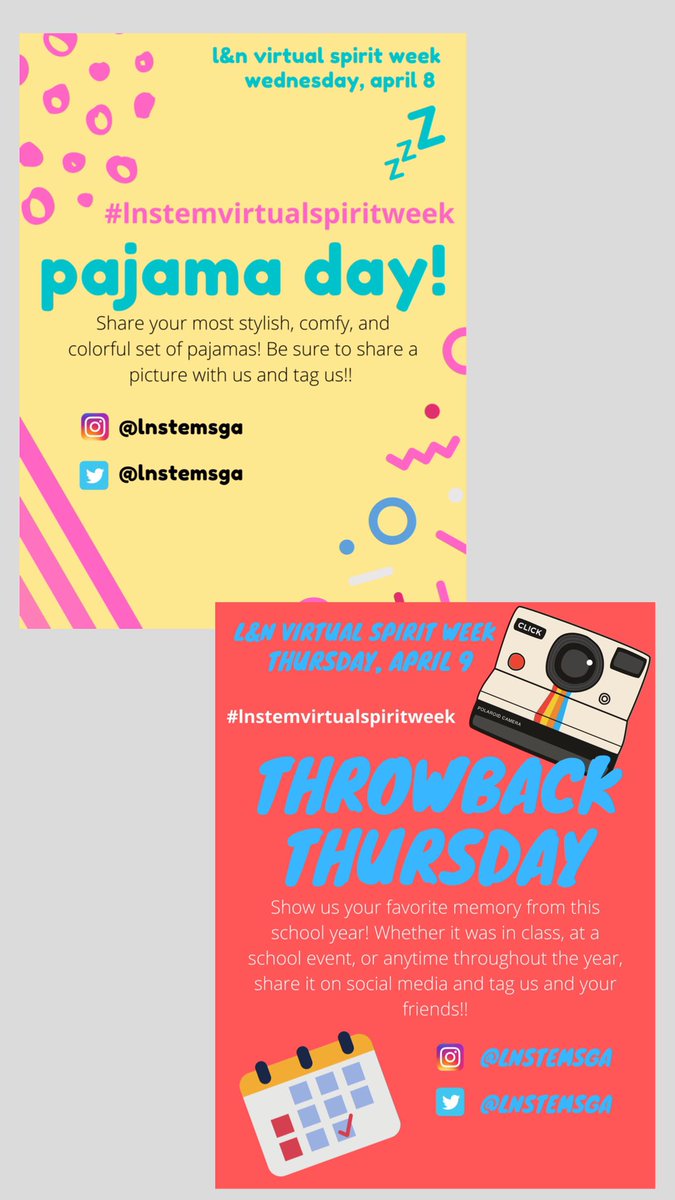 LNSTEMSGA's tweet photo. Hi gryphons! We hope you are all excited to participate in #lnstemvirtualspiritweek next week!! Get ready to share your spirit! Check out the pictures below for more detailed descriptions of the individual days! https://t.co/7NaGXs8W7q
