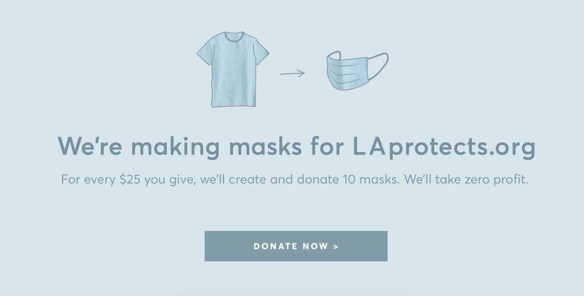 Marine Layer (my favorite clothing company ever &amp; San Francisco based) is making masks from their US factory using their fabrics. 

The masks will be sent to essential workers in Los Angeles to protect them. 

$25 donation makes 10 masks. Let's do this.  

marinelayer.com/products/ml-ma…