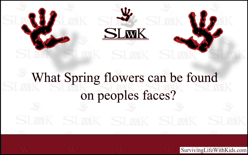 SurviveLifewKid's tweet photo. What Spring Flowers Can be Found on Peoples Faces?
#Riddles https://t.co/z9Ml2GtrxE https://t.co/1TbWAdIg35