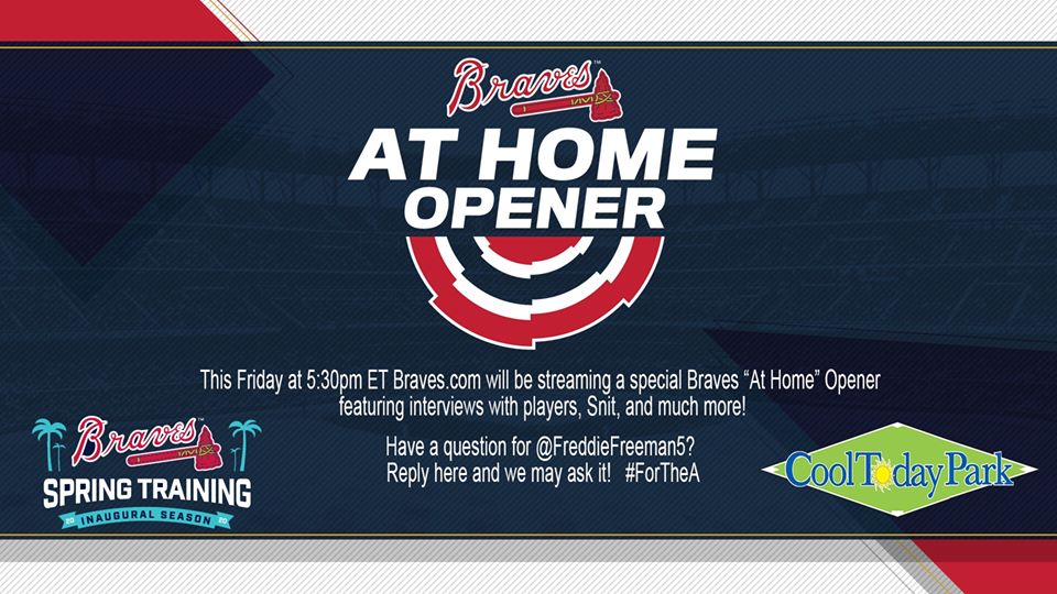 floridafirefrogs@gmail.com (@firefrogsbb) on Twitter photo This Friday at 5:30pm ET Braves.com will be streaming a special Braves “At Home” Opener featuring interviews with players, Snit, and much more!
#ForTheA This Friday at 5:30pm ET Braves.com will be streaming a special Braves “At Home” Opener featuring interviews with players, Snit, and much more!
#ForTheA