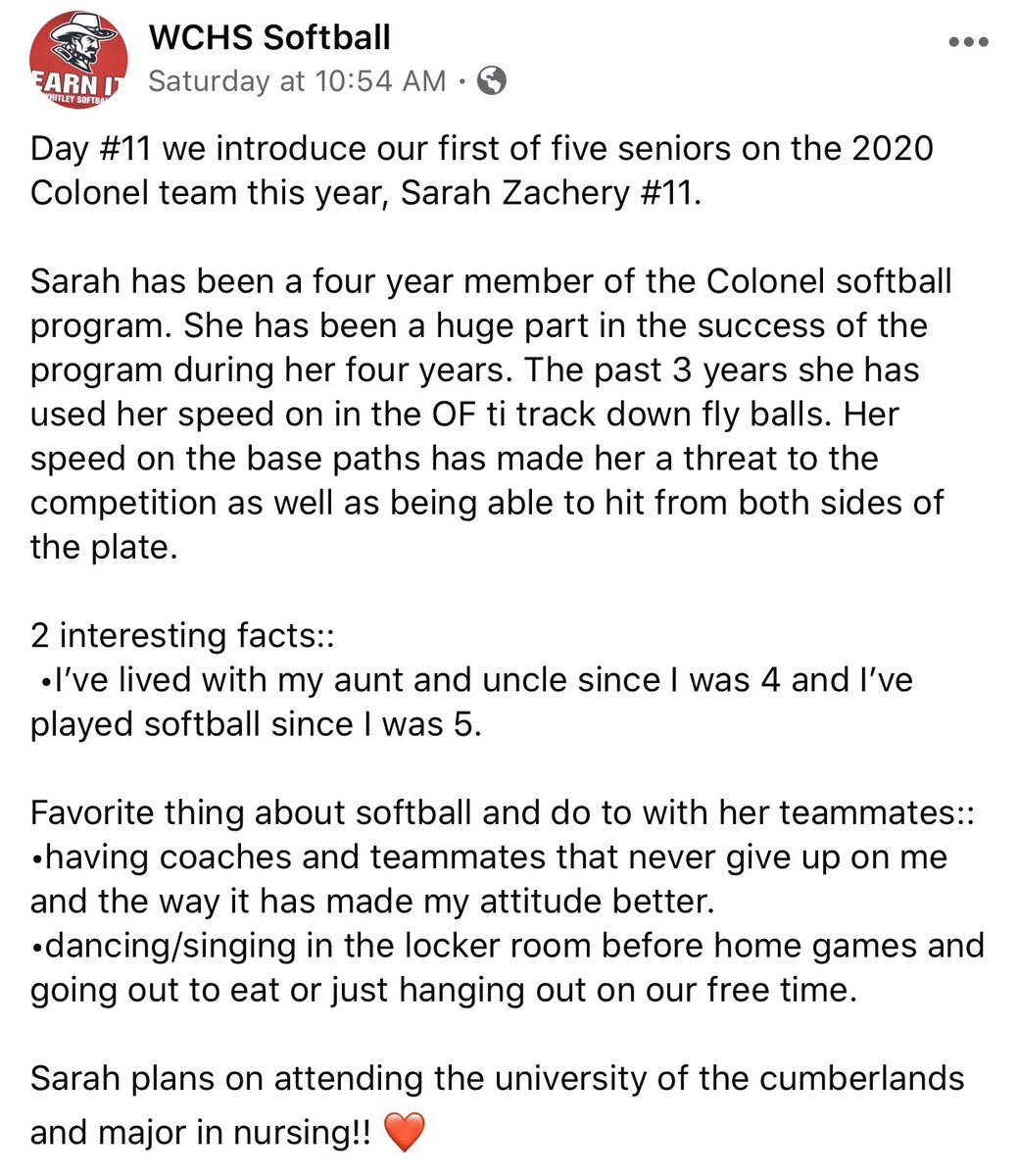 WhitleySoftball's tweet photo. #11 Sarah Zachery, Senior! https://t.co/vcFuUIaoDF