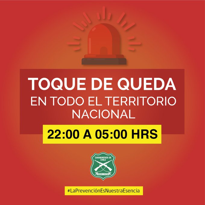 Carabineros les informa que a partir de este momento comienza a regir en todo el territorio nacional el toque de queda. #LaPrevenciónEstáEnTusManos #QuédateEnCasa #OrdenyPatria