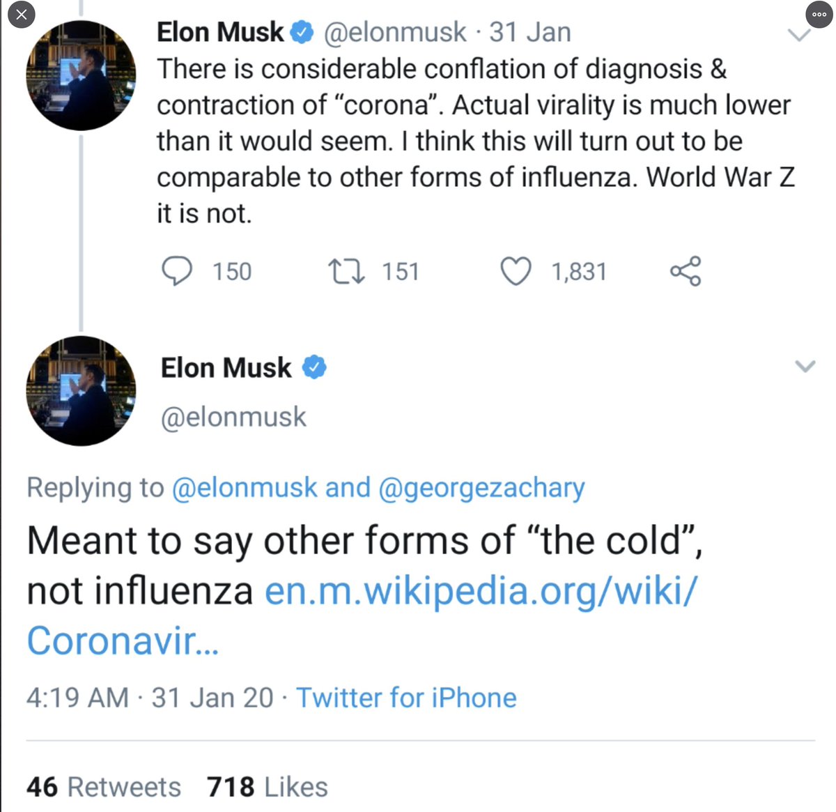 2/ Elon Musk is an expert on everything. EVERYTHING. Most recently, and epidemiologist. On January 31, Musk, with 30 million+ followers, tweeted this: