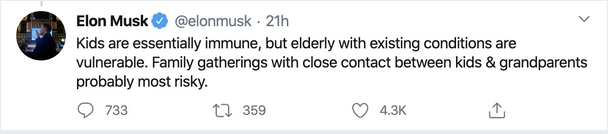 4/ (No, Elon, kids are not immune. They're mostly asymptomatic, perhaps, but fully capable of passing the virus along to others, including parents & grandparents.)Another example: