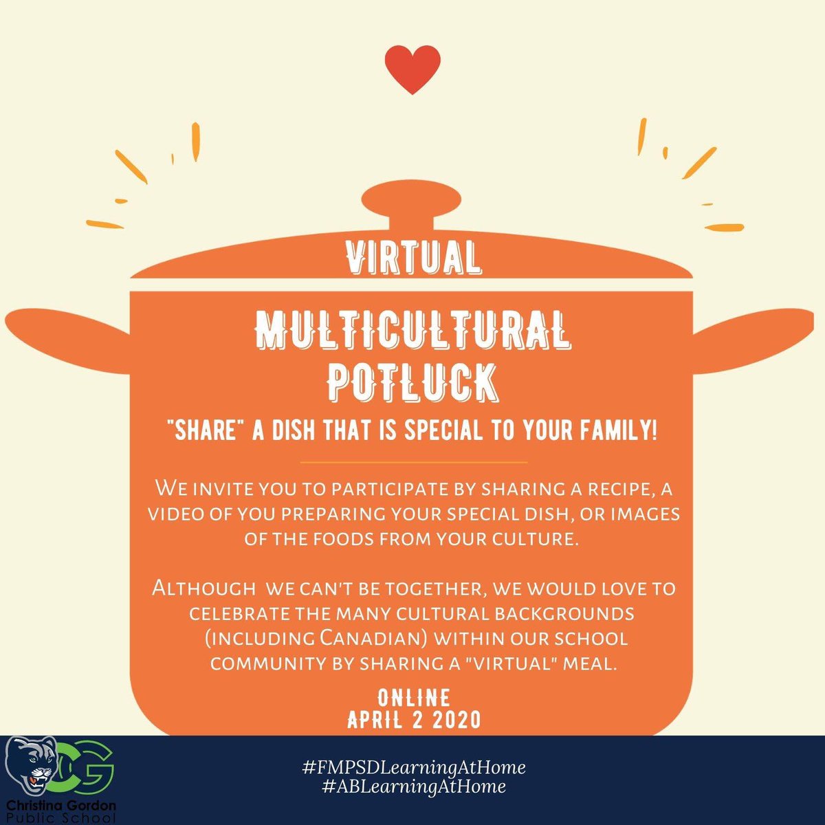 ChristinaGFMPSD's tweet image. One event we always look forward to at CG is our annual Family Multicultural Night&amp;amp;Potluck...this year, we’re going virtual! What a great opportunity for a “learning at home&quot; experience! Share your recipes, videos or pics using #FMPSDlearningathome #ABlearningathome @FMPSD