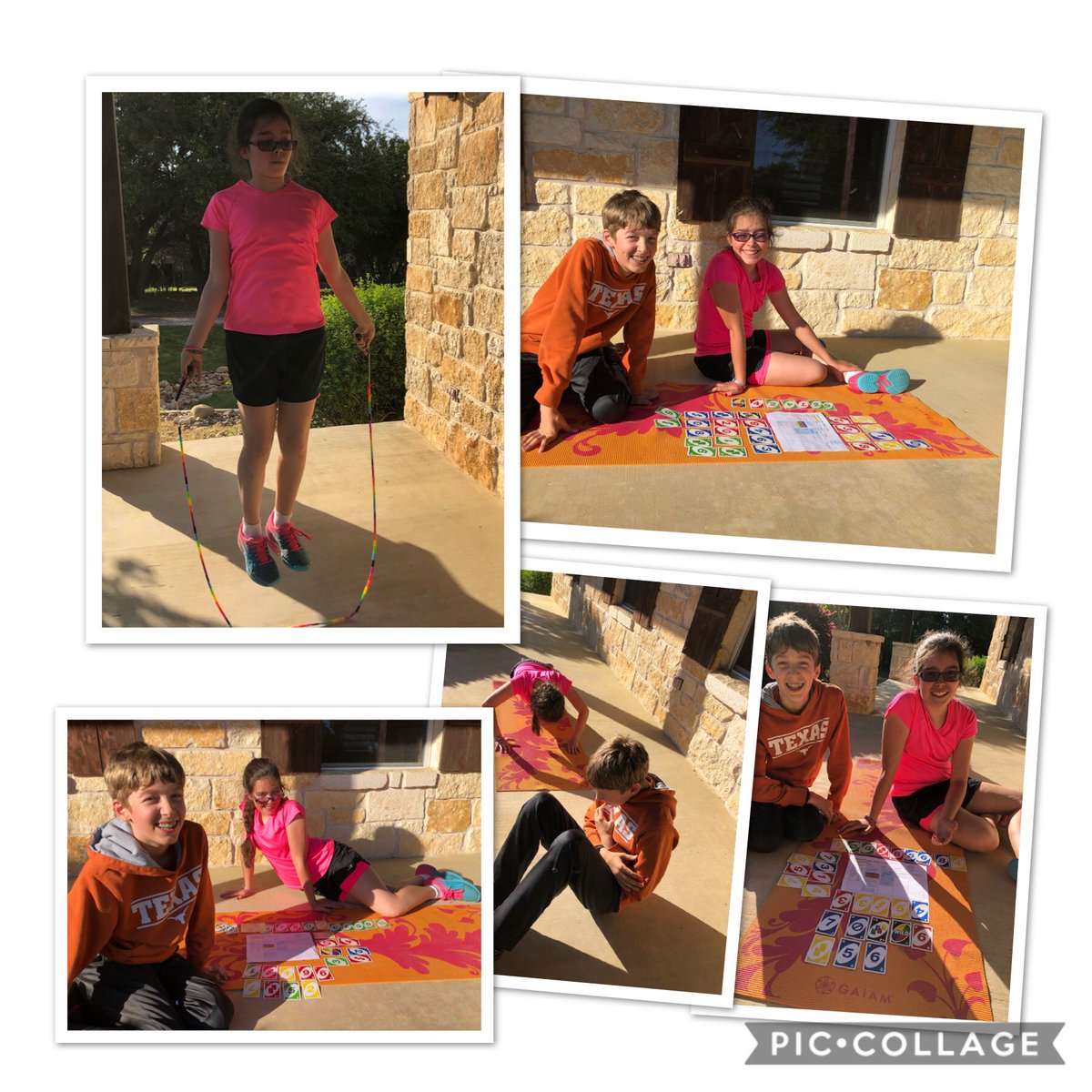 melfoster1751's tweet photo. Started our day with our daily 1.4 mile hike (and Brady did 50 sit ups and 50 pushups). Kids had a lunchtime 45 min bike ride on the trails. Finished up this evening with three rounds of the uno fitness game followed by 100 jump ropes each! #goodthingsgisd #benold https://t.co/69ZivSFnVc