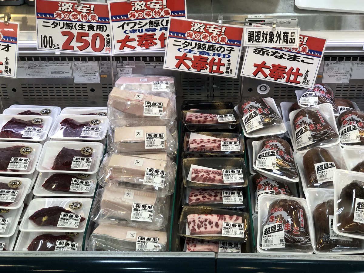 西成区のスーパー越前屋 公式 Twitterren 本日も鮮魚コーナー大充実 オススメです 中トロ 大トロ ニタリ鯨 いわし鯨 鹿の子 赤ナマコ 生ホタルイカ 紅鮭切身 金目鯛