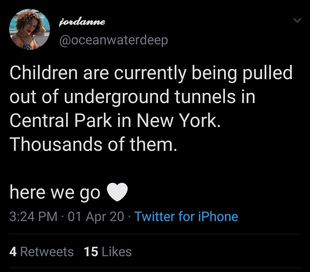 QAnon followers baselessly think that a child rescue operation is happening in Central Park right now. They believe this because of a recording of an unknown man saying that his friend's girlfriend, who is a nurse, knows other nurses who are working in Central Park. 4th hand.