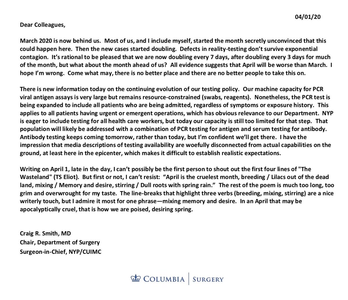 ColumbiaSurgery's tweet photo. Wednesday COVID-19 Update
—4/01/20

Here’s the latest on the #COVIDー19 crisis from Dr. Craig Smith: https://t.co/WivoATBLL6 #coronavirus https://t.co/q2O2zS2Kkv