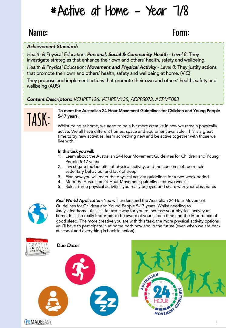 PEMadeEasy's tweet photo. ACTIVE-AT-HOME-ASSESSMENT-TASK: 

For a detailed explanation see: https://t.co/pCIPnd9iW9

FREE RESOURCES include:
* Grade 5 &amp; 6, Year 7 &amp; 8 and Year 9 &amp; 10 Assessment Tasks
* Assessment Task Rubric
* Two-Week Reflective Journal

#HPEatHome #ActiveAtHome @PEgeeks @healthgovau https://t.co/QUpWMbaO9n