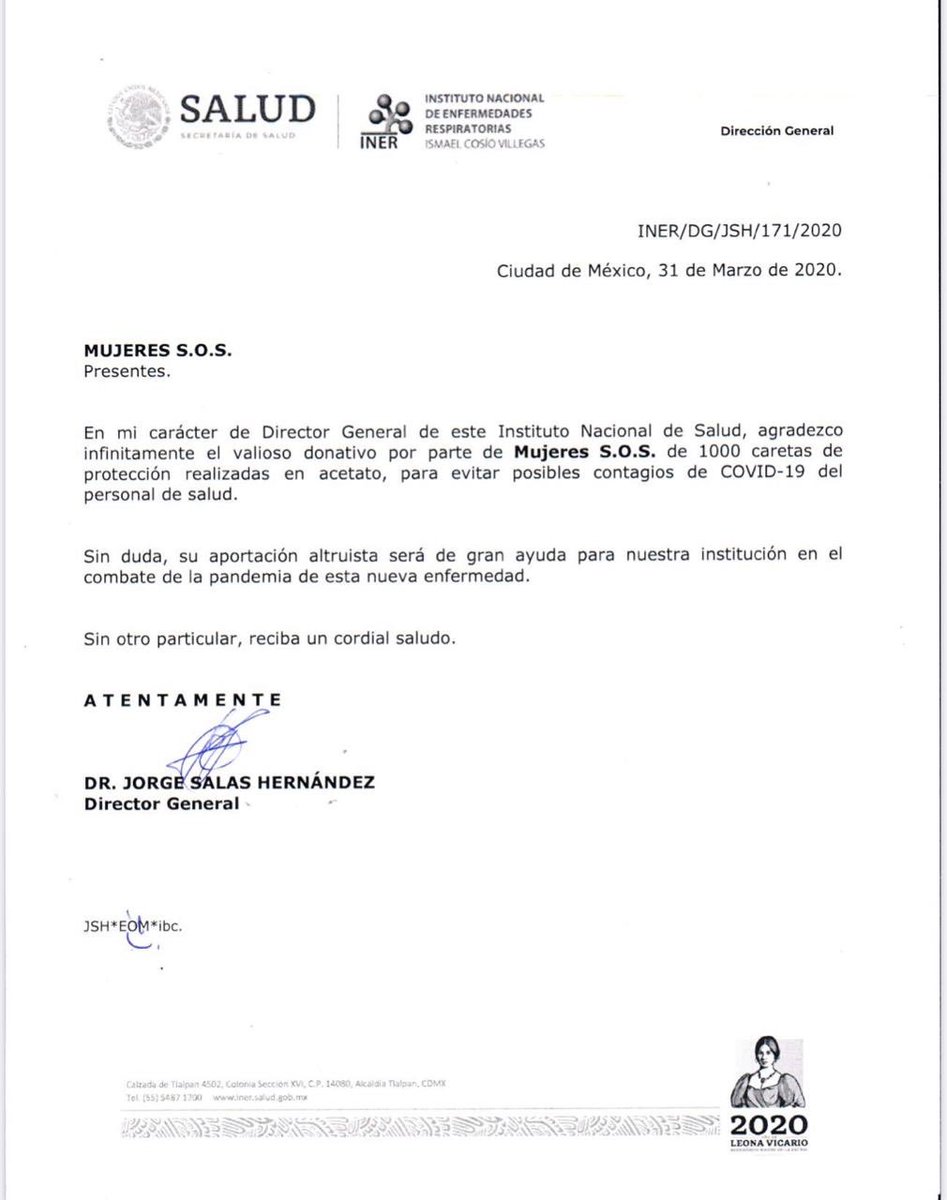 MariannaCarbo's tweet photo. Sí cumplimos 💪🏼
¡LAS PRIMERAS 1,000 CARETA DONADAS! 🇲🇽😷
¡GRACIAS!
Esta carta es del director del INER (Instituto Nacional de Enfermedades Respiratorias)
¡Juntos vamos a salir de esta!
#MujeresSOSSeQuedaEnCasa
#JuntasCrecemos
#NadieNosPara
#ProudToBeMSOS https://t.co/A7TcaFogyr
