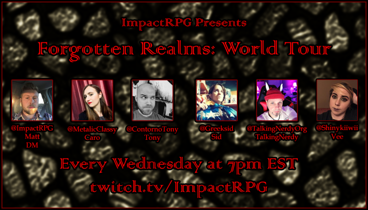 ImpactRPG's tweet photo. Come out to support this amazing cast in the premier episode!
Forgotten Realms World Tour April Fools Day Special Tricks and Gabs Edition
https://t.co/9TDP3G1x69
@MetalicClassy @ContornoTony @greeksid @TalkingNerdyOrg @ShinyKiiwii
With @ImpactRPG 's Matt & Miles as co-dm's https://t.co/qDToYXoigK