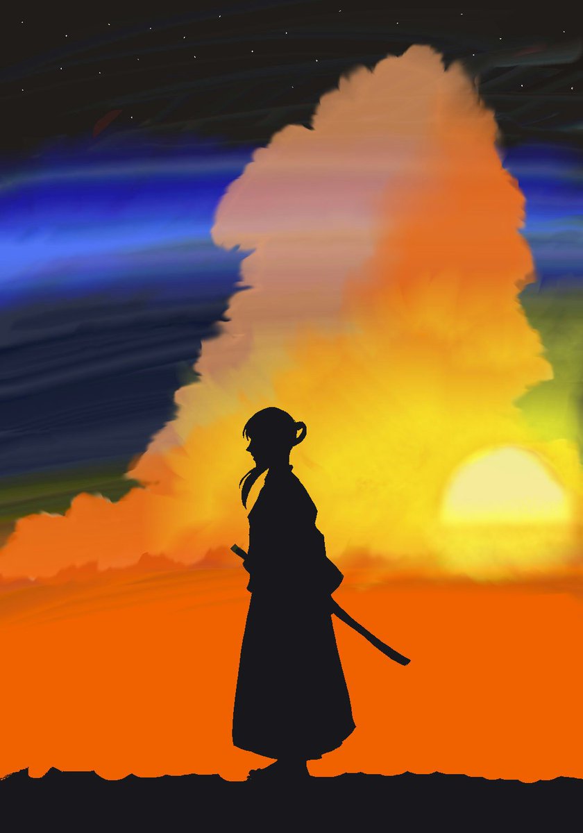 ねーむ 絵描き オリジナル 一部模写 イラスト 侍 エモい 絵師さんと繋がりたい エモさを意識しました この シルエットだけは自力では 描けなかったので調べて 髪型と刀の本数だけ変えて 模写しました ほかはオリジナル 特に何かのキャラ