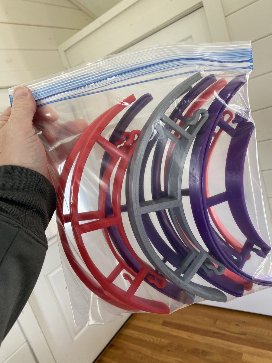 Breaksteel's tweet photo. 8 face shield frame delivered to the local hospital. Printers are going full steam printing more of them. They want 20k in 20 days. There’s 300 of us, with 500 printers. Let’s go!! #hackthepandemic #3Dprinting https://t.co/RlPYzEmITw