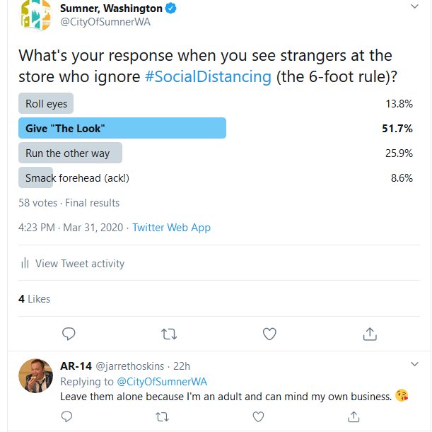 CityOfSumnerWA's tweet photo. The results from the poll started yesterday! Deputy Chief Engel checked with #Sumner's major stores today, and all have taken steps to help people socially distance. They went to a lot of trouble, so let's honor that by respecting the new guidelines. https://t.co/lT4jRfJ7r3