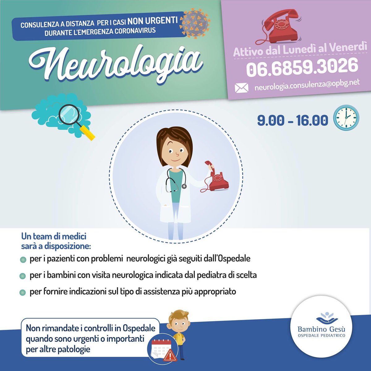 📧☎️  Attivo un nuovo servizio di consulenza a distanza per fornire assistenza ai bambini con problemi di carattere neurologico, già seguiti in Ospedale o per cui è stata richiesta visita neurologia dal pediatra di famiglia.
#coronavirus