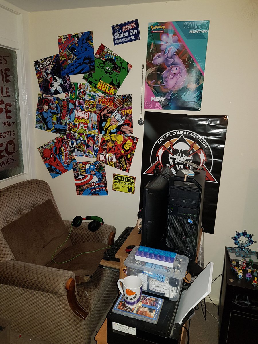 ThatSofaGuy's tweet photo. @dveese Here's my geek bunker. All manner of awesome, Lego included of course! https://t.co/oQgOry67Bv
