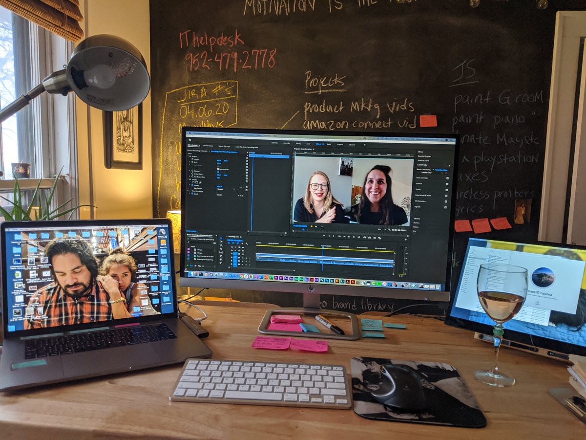 My very own home monitor finally arrived (no more stealing from the gamer in my house). BONUS– 1st project is to edit video featuring these 2 smart &amp; beautiful women that I work with! I poured a glass of rose to celebrate WIT &amp; my new monitor.  #CalabrioGratitude #WIT #remotework