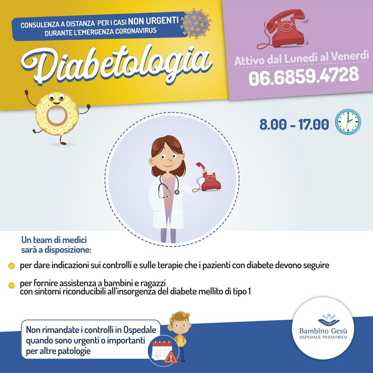 È attivo il servizio di consulenza ☎️ per i bambini e i ragazzi con il #diabete. Un'attività promossa dall'Ospedale per aiutare le famiglie a non sottovalutare la comparsa dei primi sintomi, sul tipo di assistenza durante l'emergenza #Coronavirus.
➡️ bit.ly/2wQP4iA