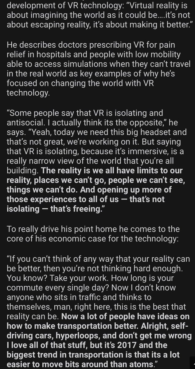 During COVID-19 social isolation, I keep thinking about this speech Mark Zuckerberg gave in 2017 at Facebook’s Oculus Connect conference. “The reality is we all have limits to our reality, places we can’t go, people we can’t see, things we can’t do.”  http://uploadvr.com/oculus-connect-6-mark-zuckerberg/