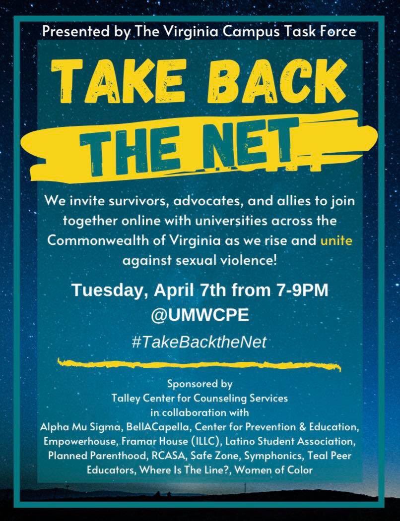 UMWBellas's tweet photo. Exciting news!!! Take back the night is now Take back the net! Please go online on April 7th at 7-9pm and support everyone’s voices! In a time where there’s so much uncertainty and confusion, this is a good way to feel connected and to be heard! https://t.co/g97hMZHShX