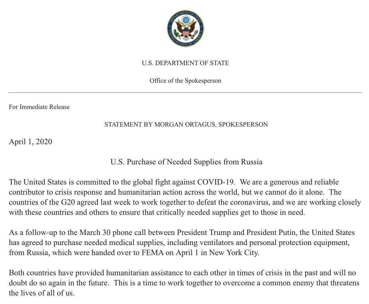 statedeptspox_a's tweet photo. The U.S. is committed to the global fight against #COVID19 and we are cooperating closely with many countries to ensure we have the supplies we need in this fight. The purchase of personal protection equipment and ventilators from #Russia will help shore up supplies in New York. https://t.co/GUqgHS7iiE