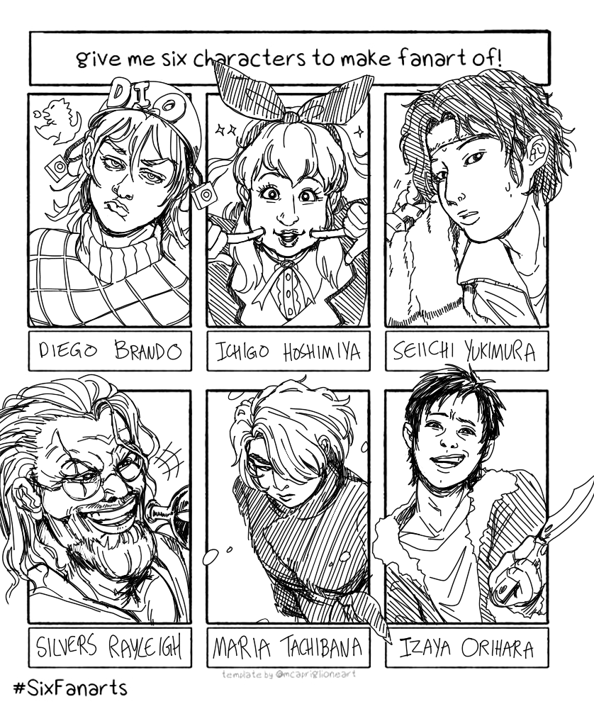Thank you very much for the #6Fanarts requests! I was totally unfamiliar with a lot of these so it was really interesting trying to pick up their vibes ? 