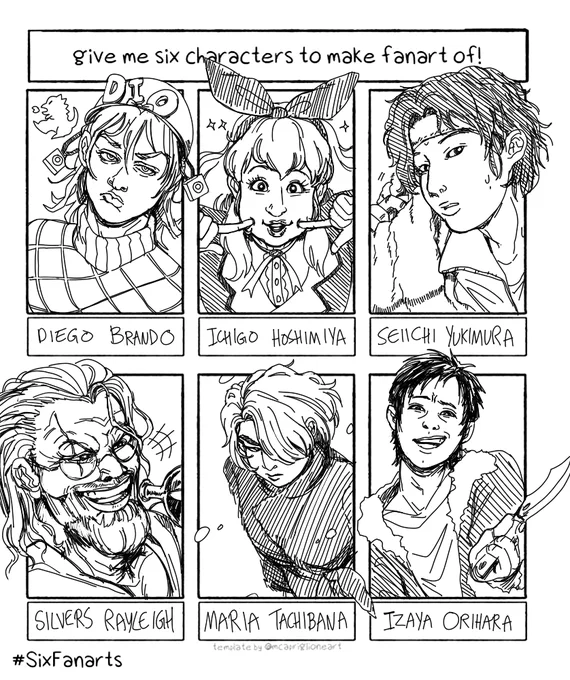 Thank you very much for the #6Fanarts requests! I was totally unfamiliar with a lot of these so it was really interesting trying to pick up their vibes ? 