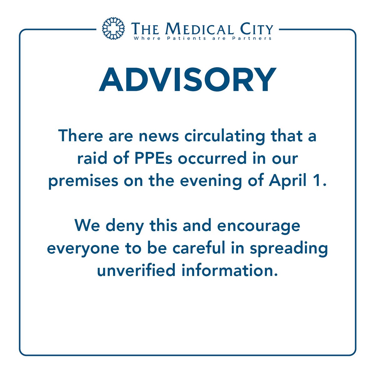 TheMedicalCity's tweet photo. April 2, 2020 Advisory https://t.co/bsINE7MRWq